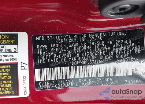 2017 Toyota Camry Xle V6 z USA, uszkodzony, nr VIN 4T1BK1FK9HU578759